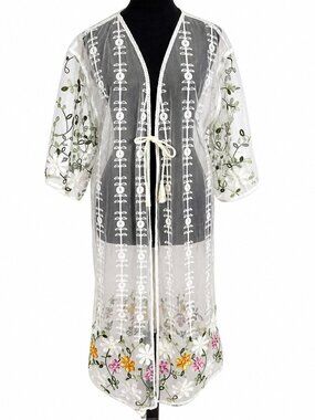 Kamana Sheer White Embroidered Floral Kimono Top Boho Tie Front